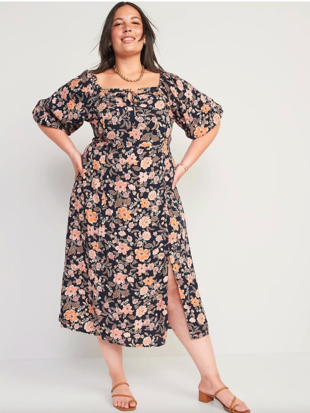 Old Navy Plus Size 4x: Waist-Defined Puff-Sleeve Floral-Print Smocked Midi Dress